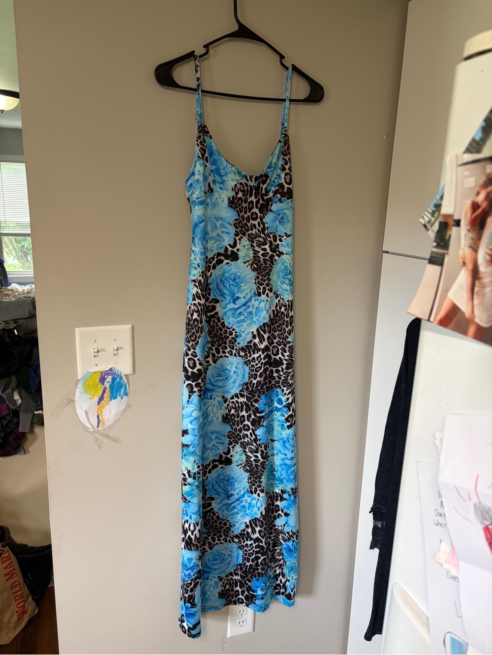 Y2K Mixed Media Floral Leopard-Print Maxi Dress with Adjustable Spaghetti Straps